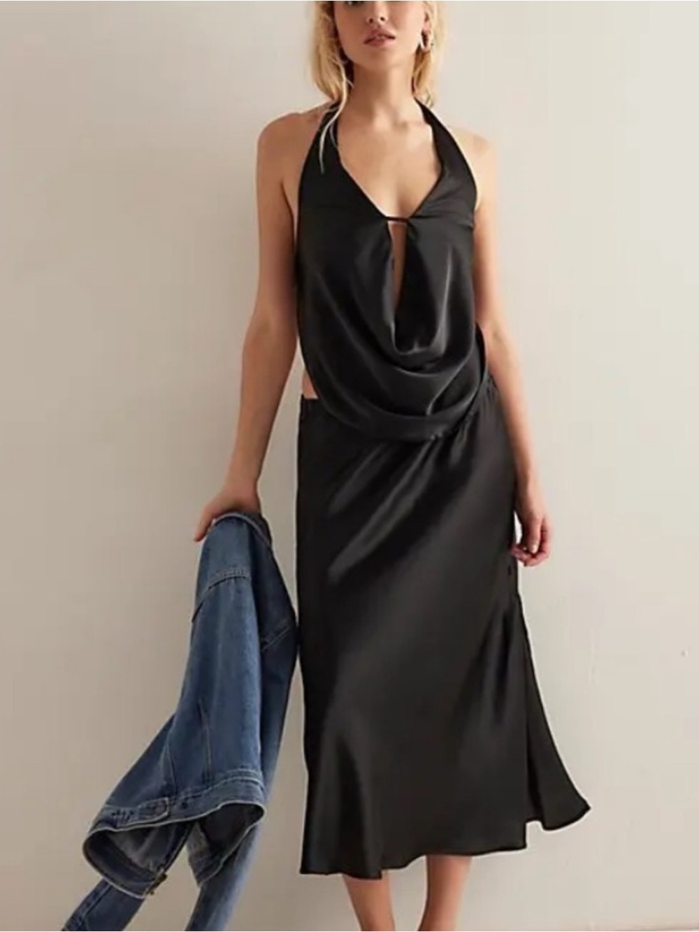 NWT Intimately free people black satin large halter skirt set